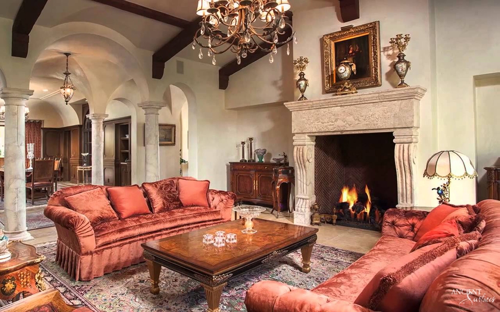 Cozy living room ambiance with a roaring fire illuminating the fireplace, casting a warm glow on the surrounding furnishings