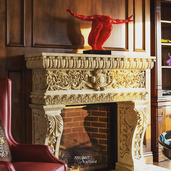 Elegant antique limestone fireplace mantle by Ancient Surfaces
Custom Carved Limestone Mantles
Hand Carved Mantles
Intricately Carved Architectural Elements